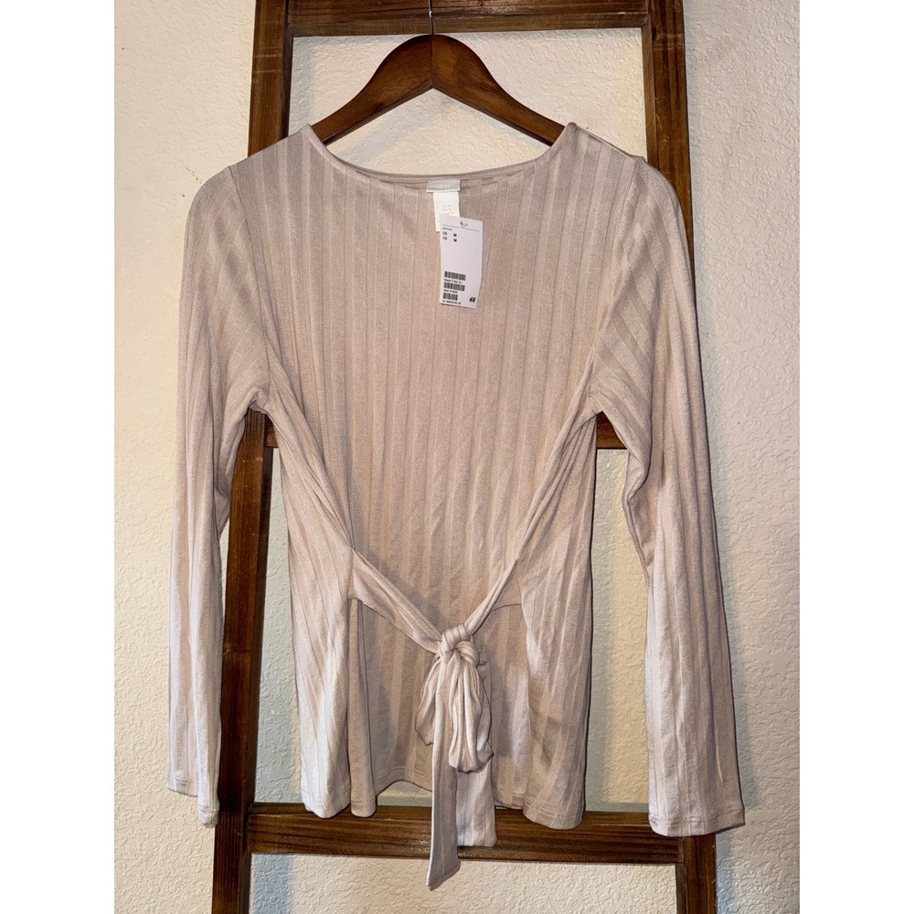 H&M Beige Ribbed Long Sleeve Tie Front Crossover Open Back Top NWT Medium